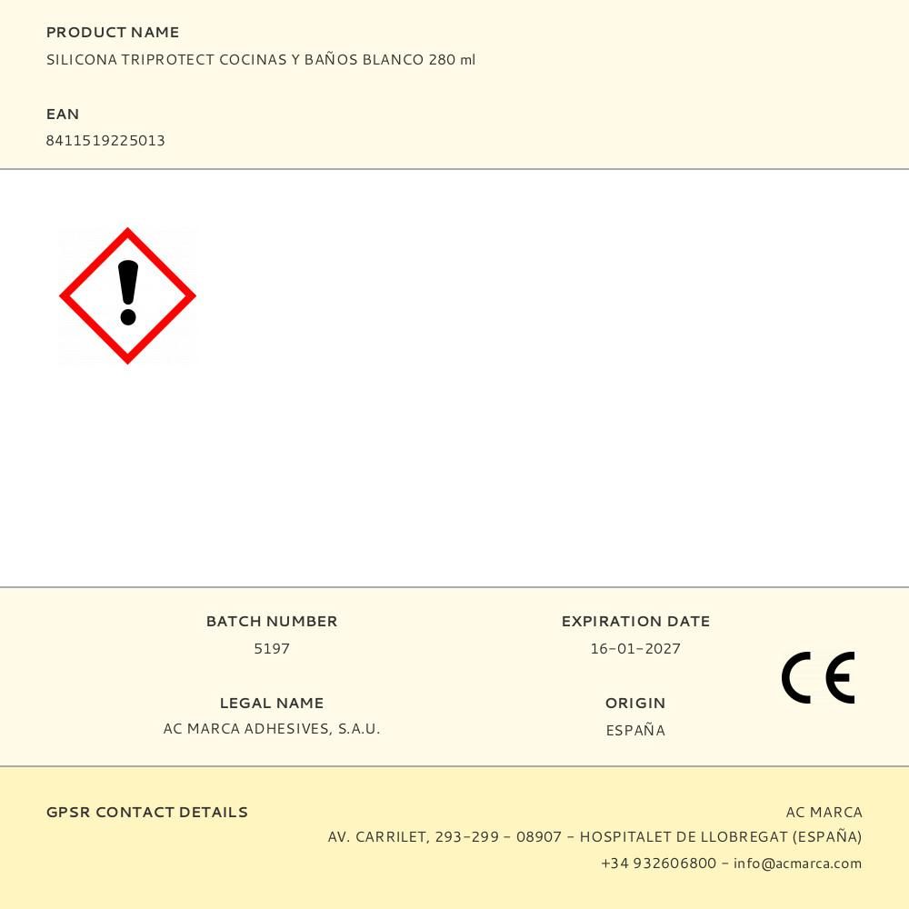 SILICONA TRIPROTECT COCINAS Y BAÑOS BLANCO 280 ml gallery 0