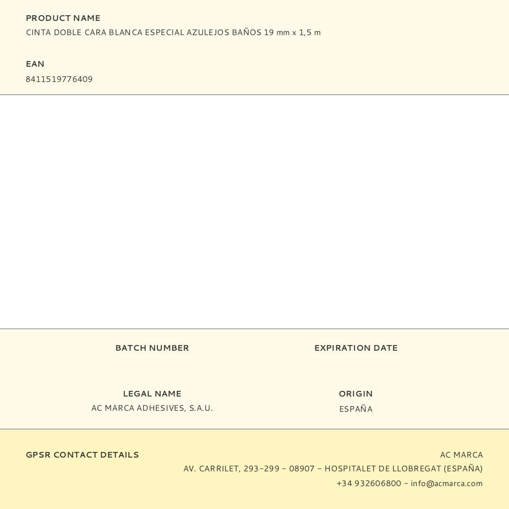 CINTA DOBLE CARA BLANCA ESPECIAL AZULEJOS BAÑOS 19 mm x 1,5 m gallery 0