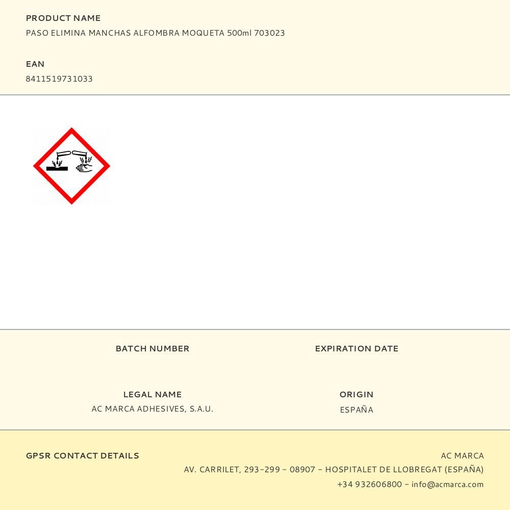 PASO ELIMINA MANCHAS ALFOMBRA MOQUETA 500ml 703023 gallery 0