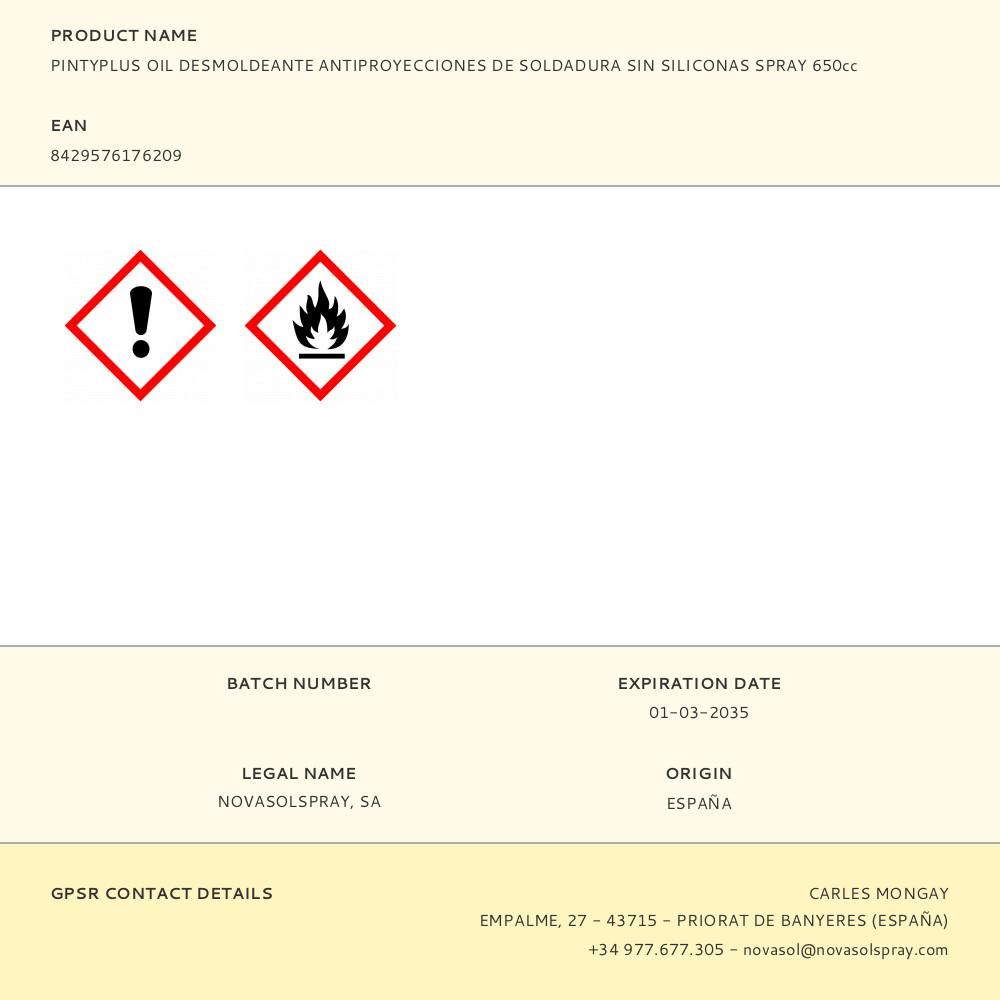 PINTYPLUS OIL DESMOLDEANTE ANTIPROYECCIONES DE SOLDADURA SIN SILICONAS SPRAY 650cc gallery 0