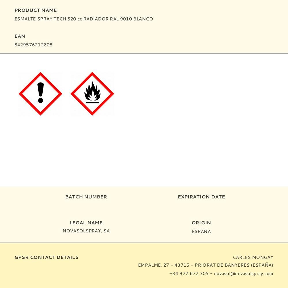 ESMALTE SPRAY TECH 520 cc RADIADOR RAL 9010 BLANCO gallery 0