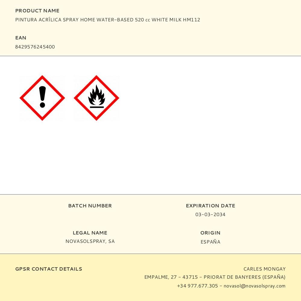 PINTURA ACRÍLICA SPRAY HOME WATER-BASED 520 cc WHITE MILK HM112 gallery 0