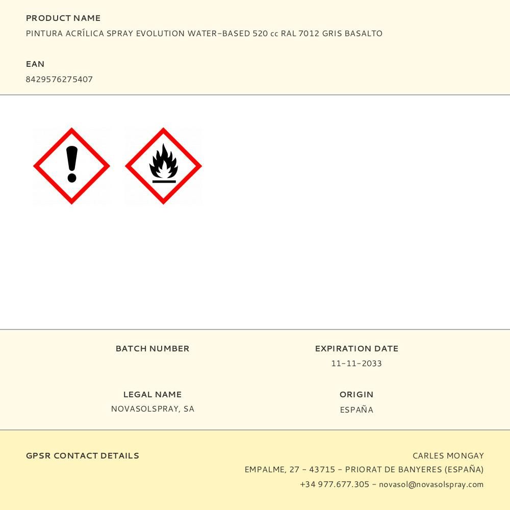 PINTURA ACRÍLICA SPRAY EVOLUTION WATER-BASED 520 cc RAL 7012 GRIS BASALTO gallery 0