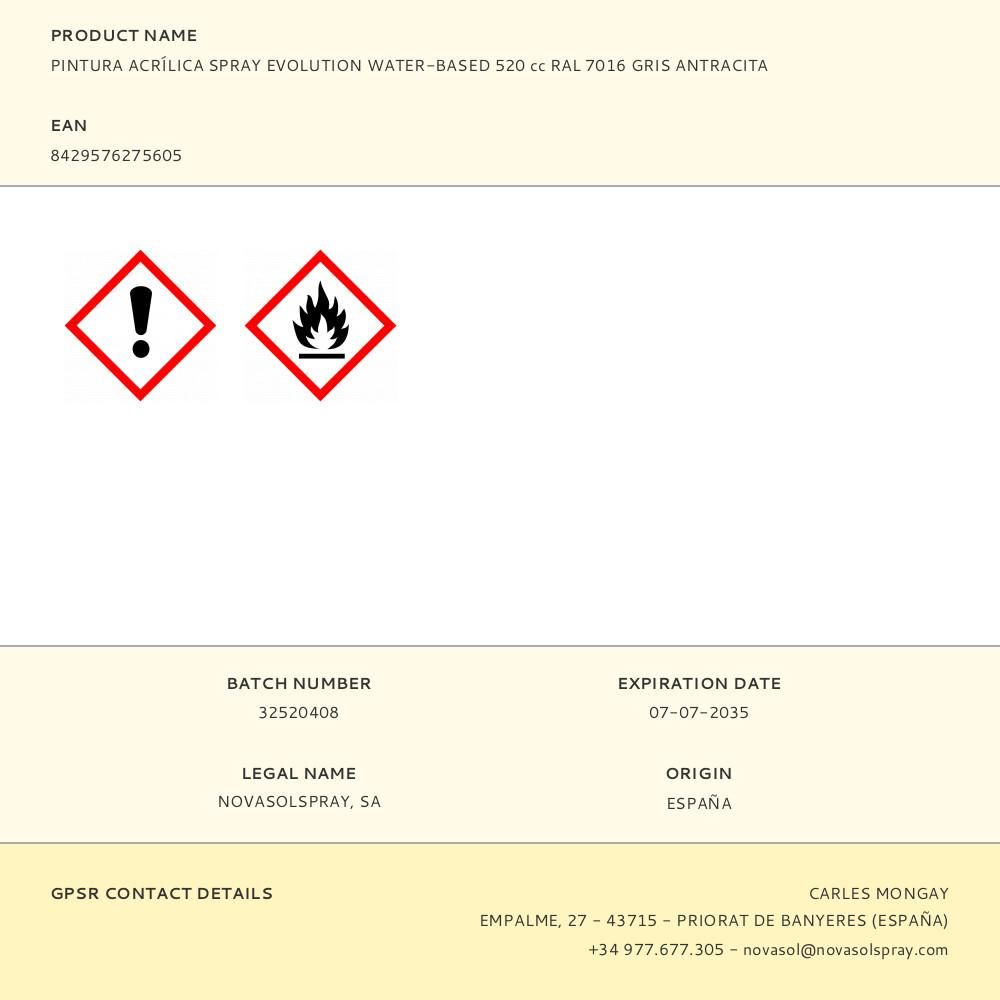 PINTURA ACRÍLICA SPRAY EVOLUTION WATER-BASED 520 cc RAL 7016 GRIS ANTRACITA gallery 0