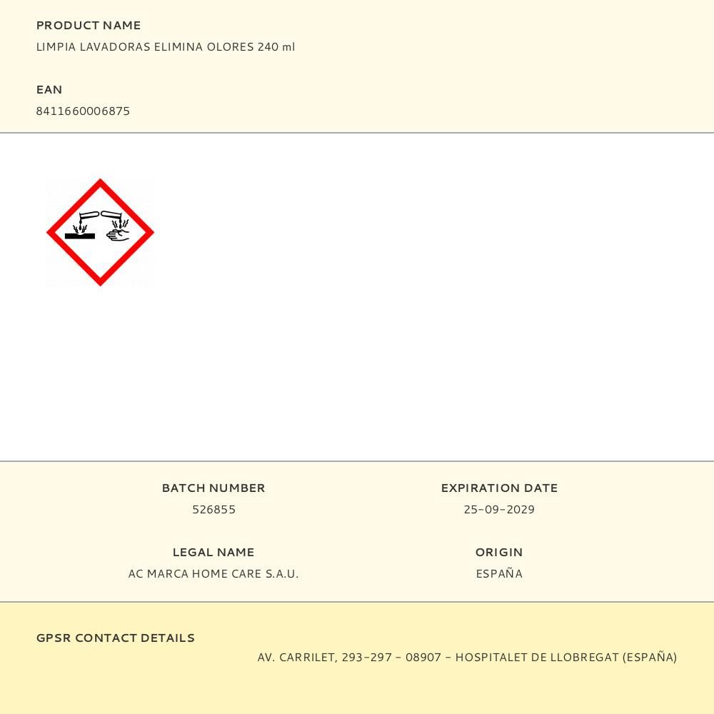 LIMPIA LAVADORAS, DESINFECTANTE, ELIMINA OLORES 240 ml gallery 0