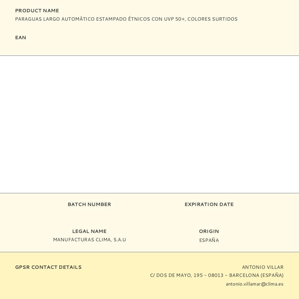 PARAGUAS LARGO AUTOMÁTICO ESTAMPADO ÉTNICO CON UV 50+, COLORES SURTIDOS gallery 10