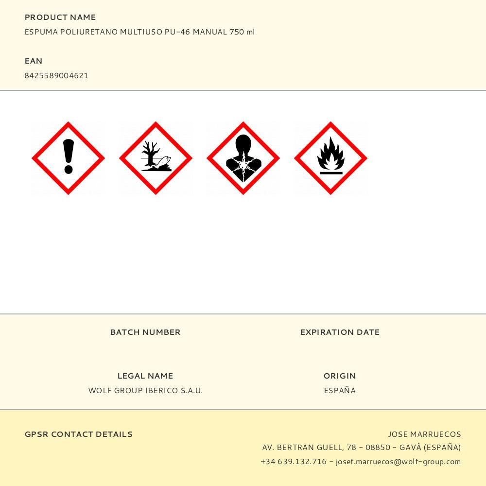 ESPUMA POLIURETANO MULTIUSO PU-46 MANUAL 750 ml gallery 0