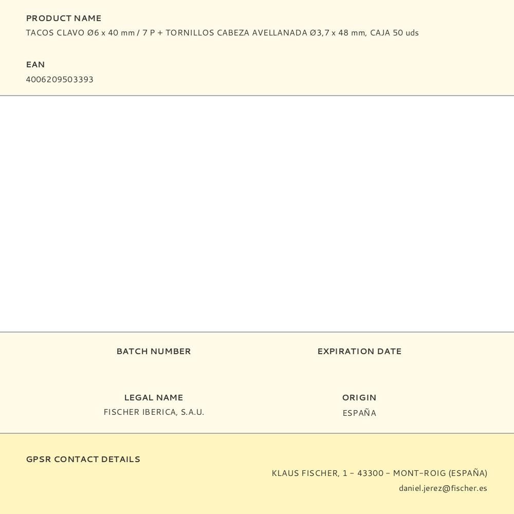 TACOS CLAVO Ø6 x 40 mm / 7 P + TORNILLOS CABEZA AVELLANADA Ø3,7 x 48 mm, CAJA 50 uds gallery 0