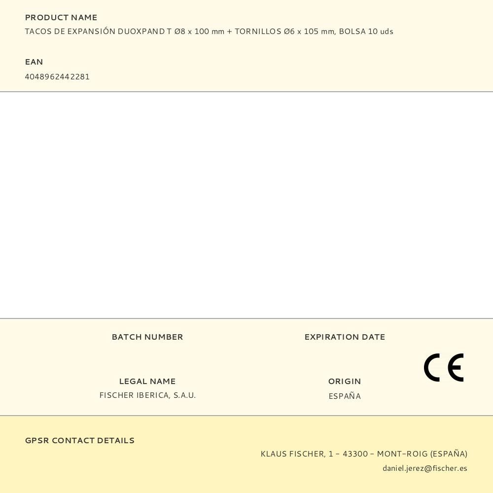 TACOS DE EXPANSIÓN DUOXPAND T Ø8 x 100 mm + TORNILLOS Ø6 x 105 mm, BOLSA 10 uds gallery 0