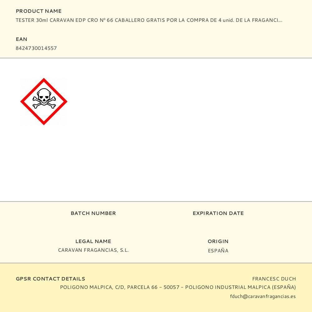 TESTER 30ml CARAVAN EDP CRO Nº 66 CABALLERO GRATIS POR LA COMPRA DE 4 unid. DE LA FRAGANCIA CORRESPONDIENTE AL TESTER gallery 0