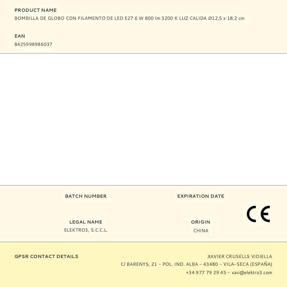 BOMBILLA DE GLOBO CON FILAMENTO DE LED E27 6 W 800 lm 3200 K LUZ CALIDA Ø12,5 x 18,2 cm gallery 0