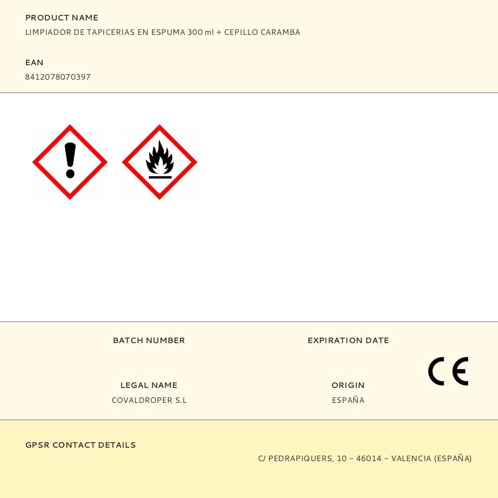 LIMPIADOR DE TAPICERIAS EN ESPUMA 300 ml + CEPILLO CARAMBA gallery 0