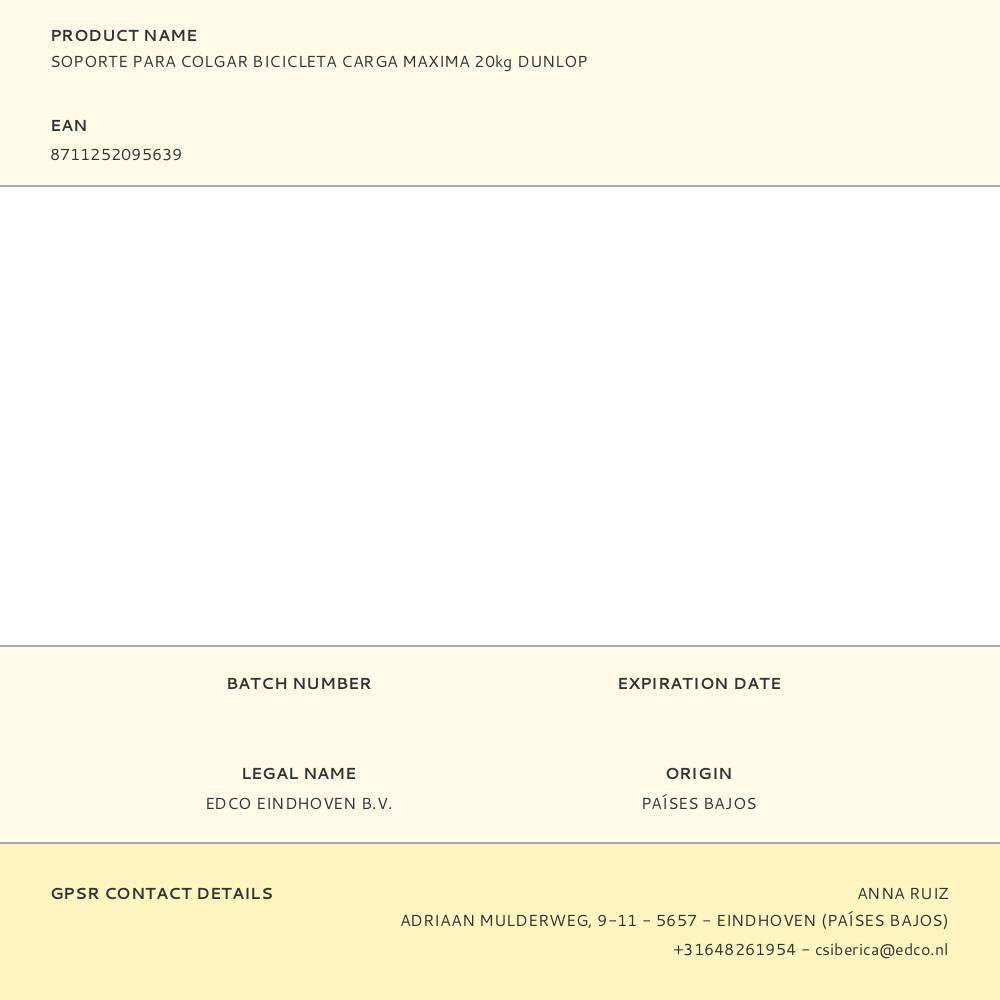 SOPORTE PARA COLGAR BICICLETA CARGA MAXIMA 20kg DUNLOP gallery 1