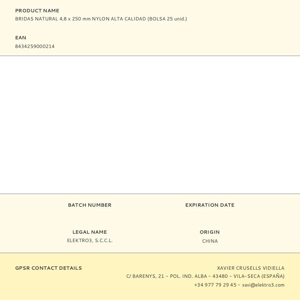 BRIDAS NATURAL 4,8 x 250 mm NYLON ALTA CALIDAD (BOLSA 25 unid.) gallery 0