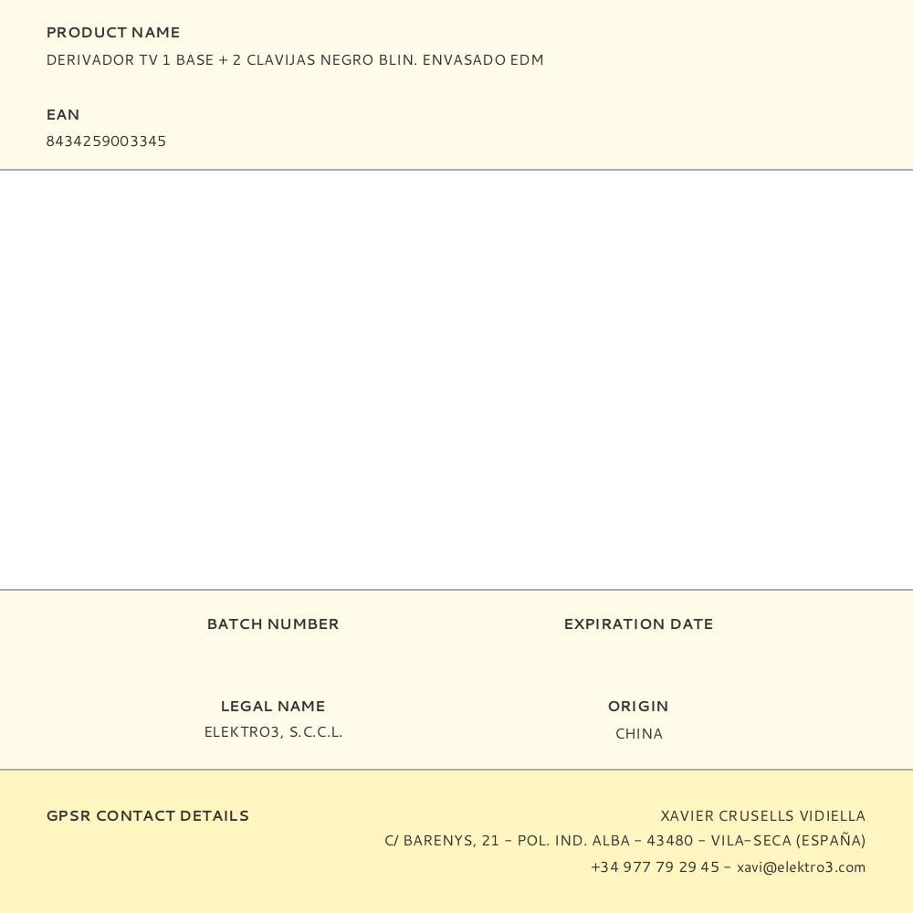 DERIVADOR TV 1 BASE + 2 CLAVIJAS NEGRO BLIN. ENVASADO EDM gallery 1