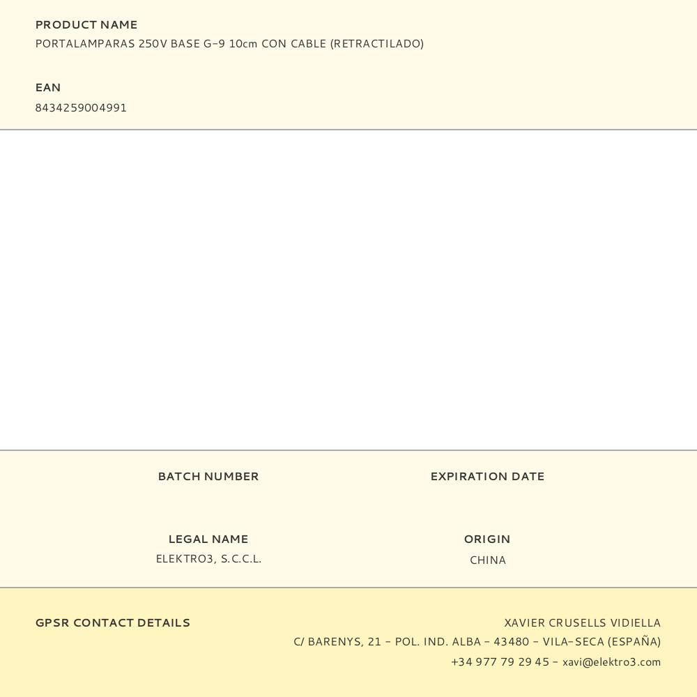 PORTALAMPARAS 250V BASE G-9 10cm CON CABLE (RETRACTILADO) gallery 1