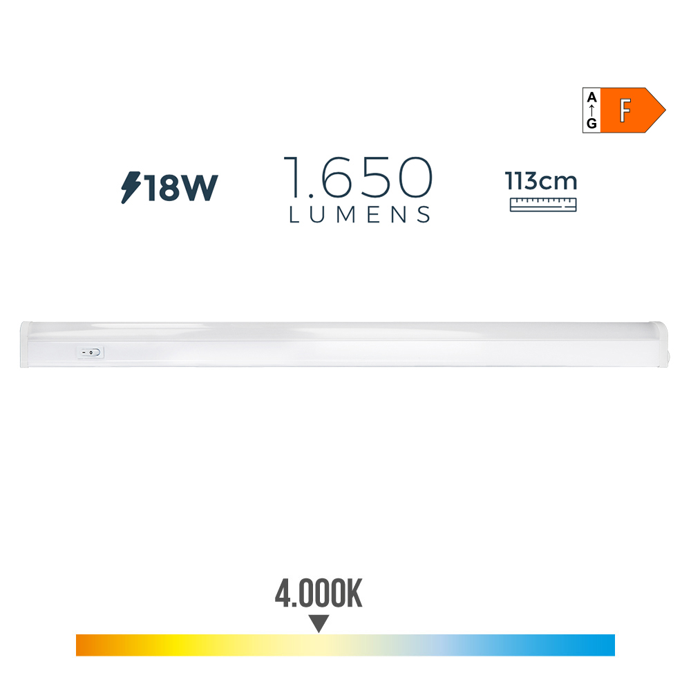 REGLETA ELECTRONICA LED 18W 1650lm 4000K LUZ DIA 113,8x2,5x3,6cm EDM