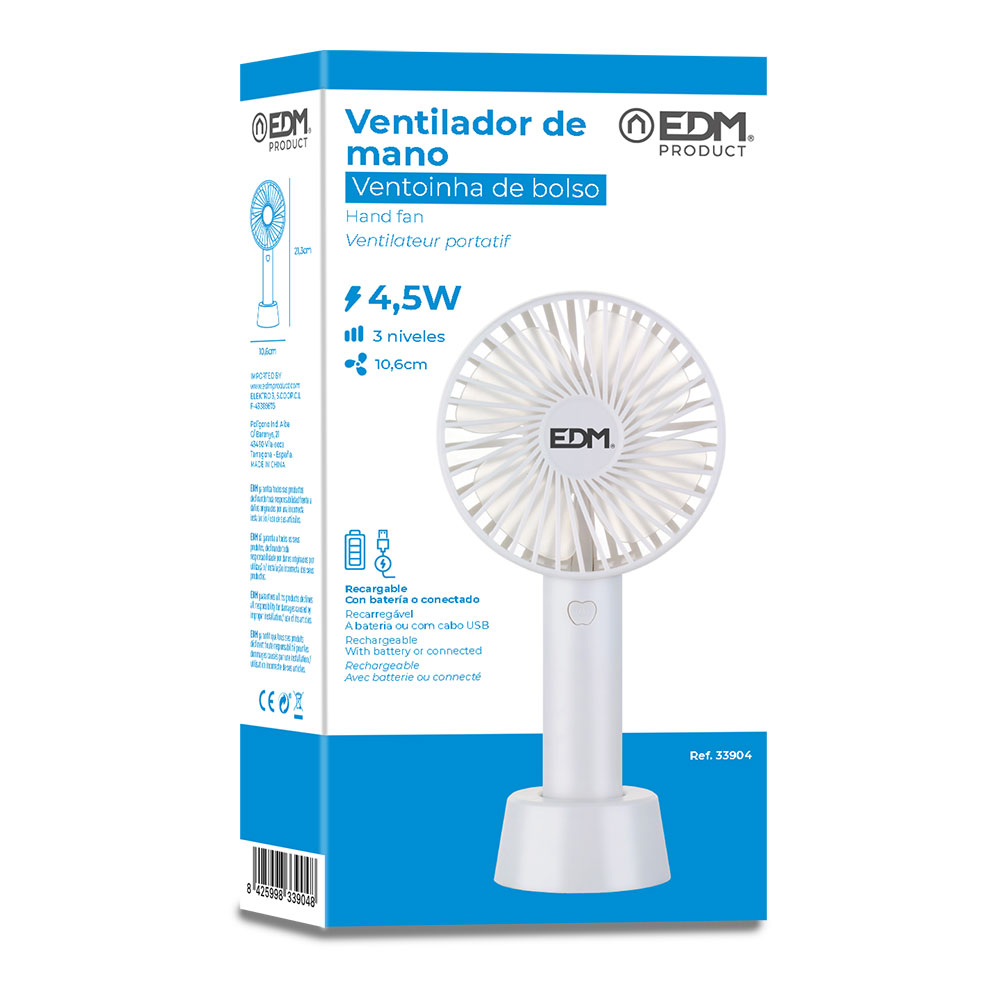 vENTILADOR DE MANO, RECARGABLE. 4,5W ASPAS Ø10,6x21,3cm EDM