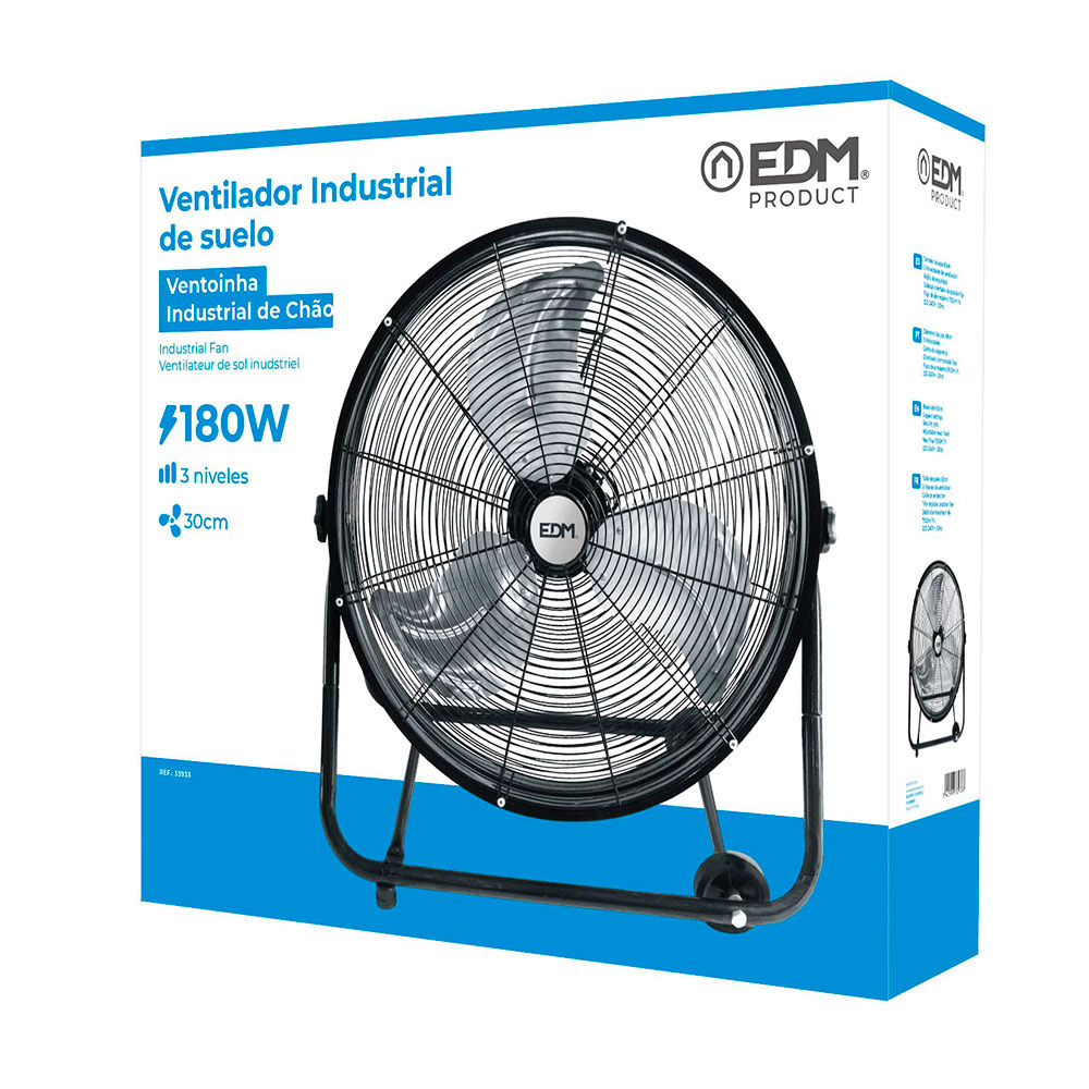 vENTILADOR INDUSTRIAL DE SUELO, CON RUEDAS. COLOR NEGRO. POTENCIA: 180W ASPAS: Ø60x70cm EDM