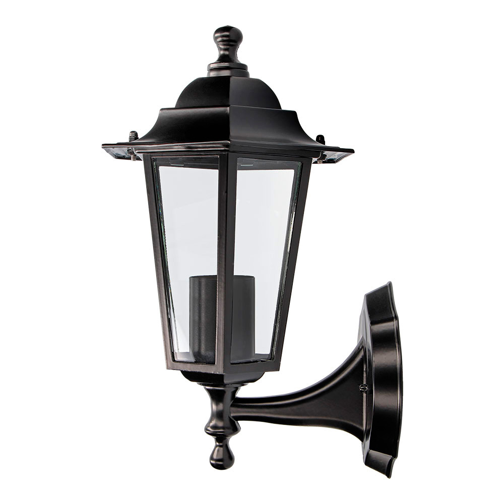 FAROL DE ALUMINIO Y CRISTAL PARA PARED. IP44 E27 60W COLOR NEGRO Ø19,5x21x32cm MODELO ZURICH.