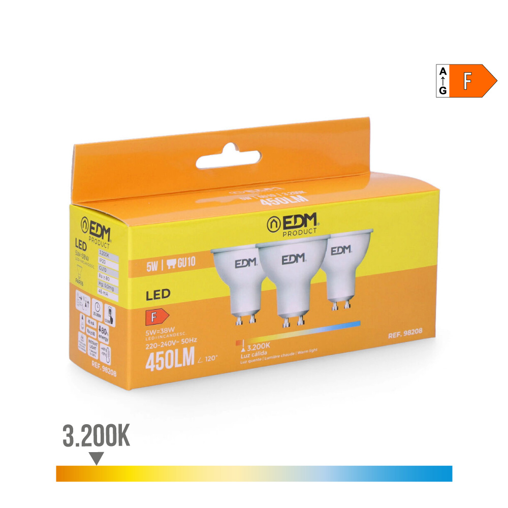 kIT 3 BOMBILLAS DICROICAS LED GU10 5W 450lm 3200K LUZ CALIDA Ø5x5,5cm EDM