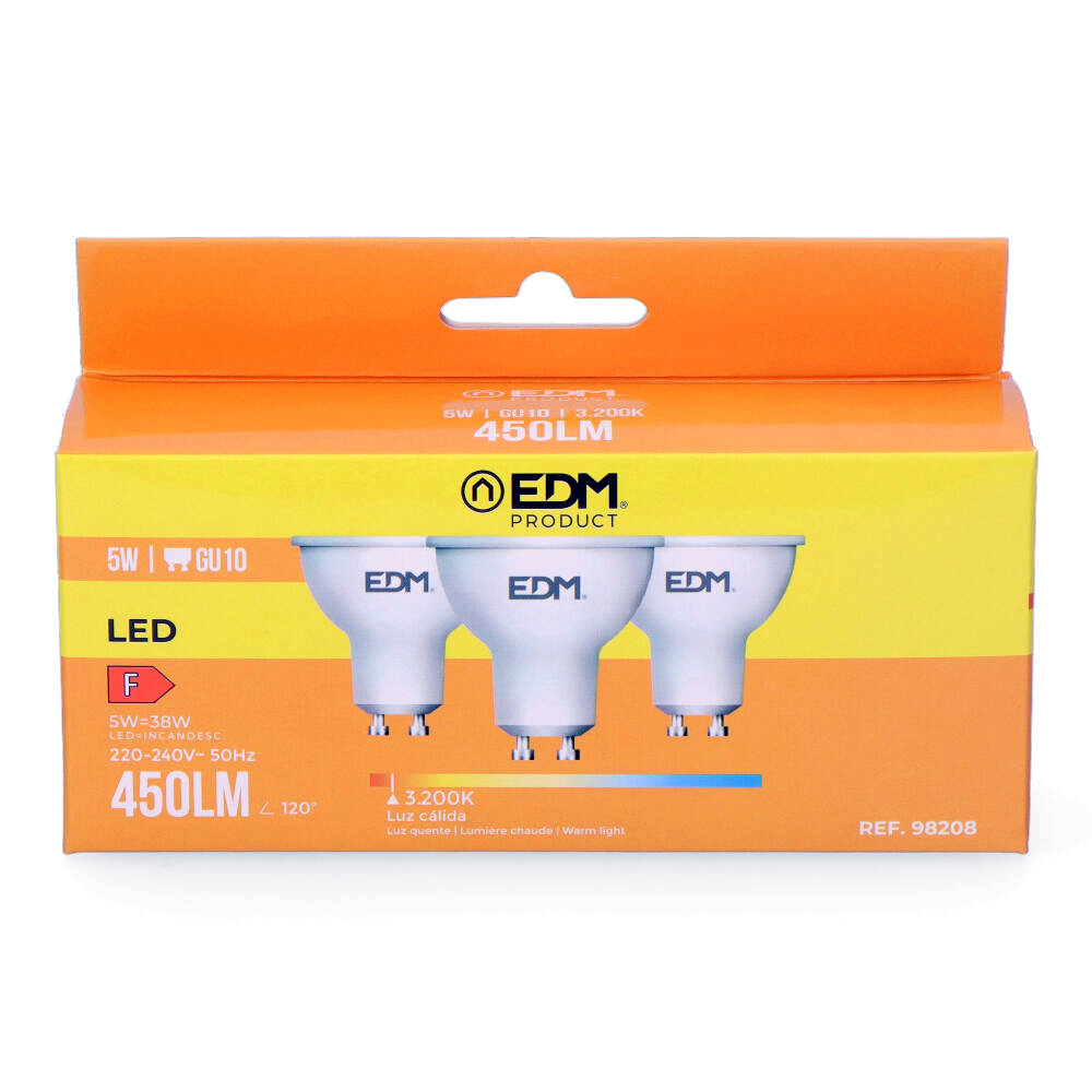 kIT 3 BOMBILLAS DICROICAS LED GU10 5W 450lm 3200K LUZ CALIDA Ø5x5,5cm EDM
