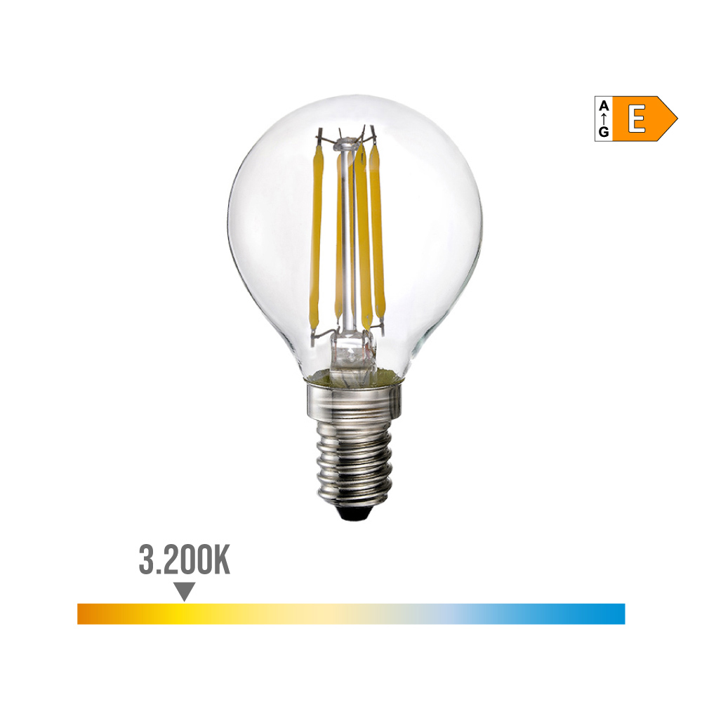 BOMBILLA ESFERICA CON FILAMENTO DE LED E14 4W 500lm 3200K LUZ CALIDA Ø4,5x7,8cm EDM